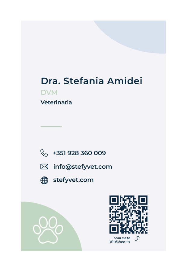 The reverse of the business card: contact details and a QR code