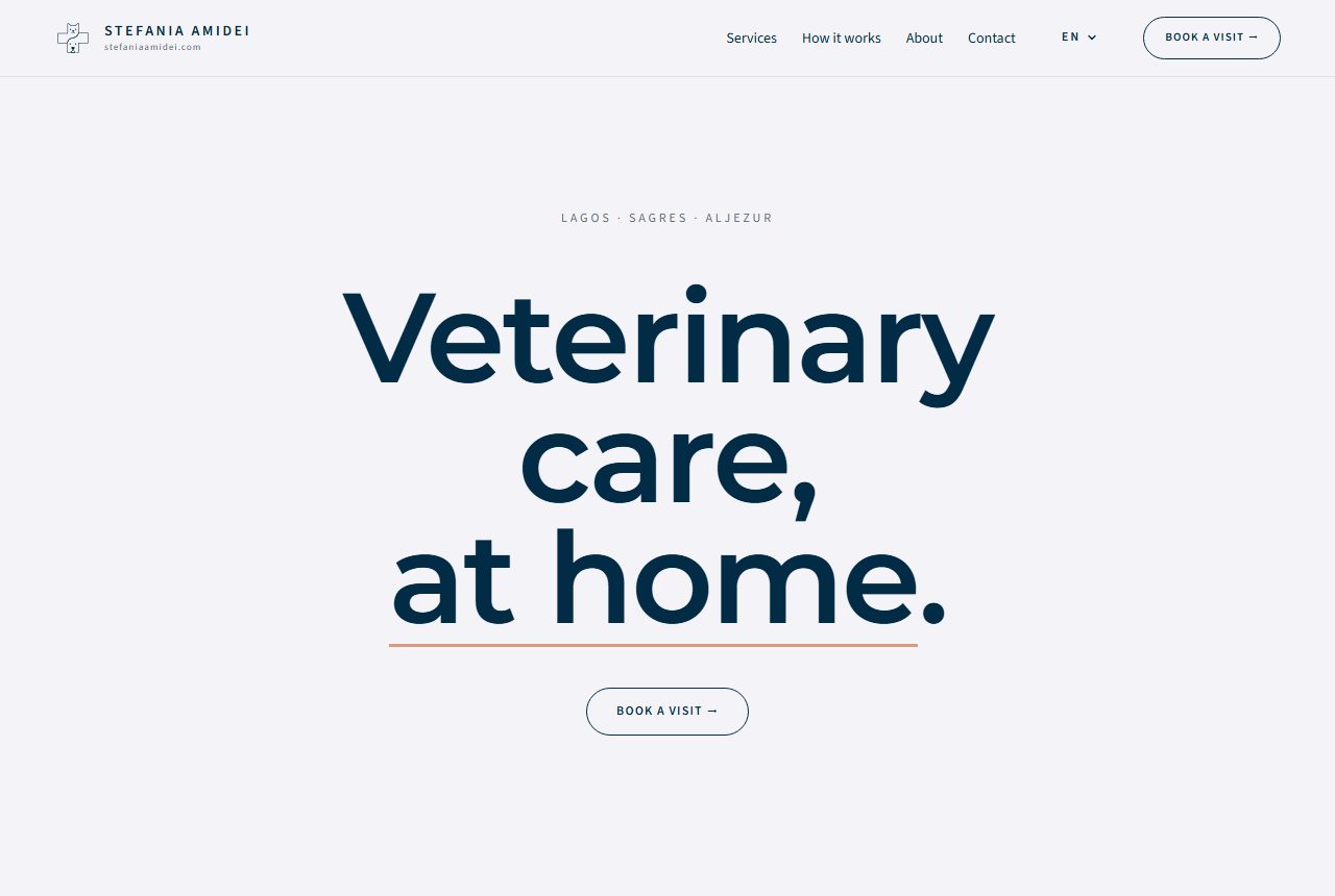 The Stefyvet homepage in English: the mark, a headline about veterinary care at home, and the towns she covers named under it