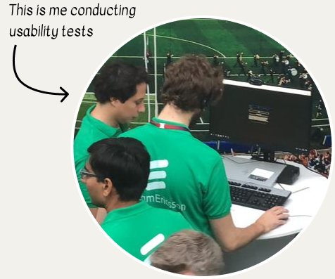 Tech Day in Athlone. Luis Landi in an Ericsson team shirt running a usability test at a laptop, an arrow in the photo pointing him out.